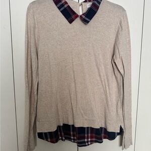 J. Crew Beige Sweater with Red and Blue Plaid Collar